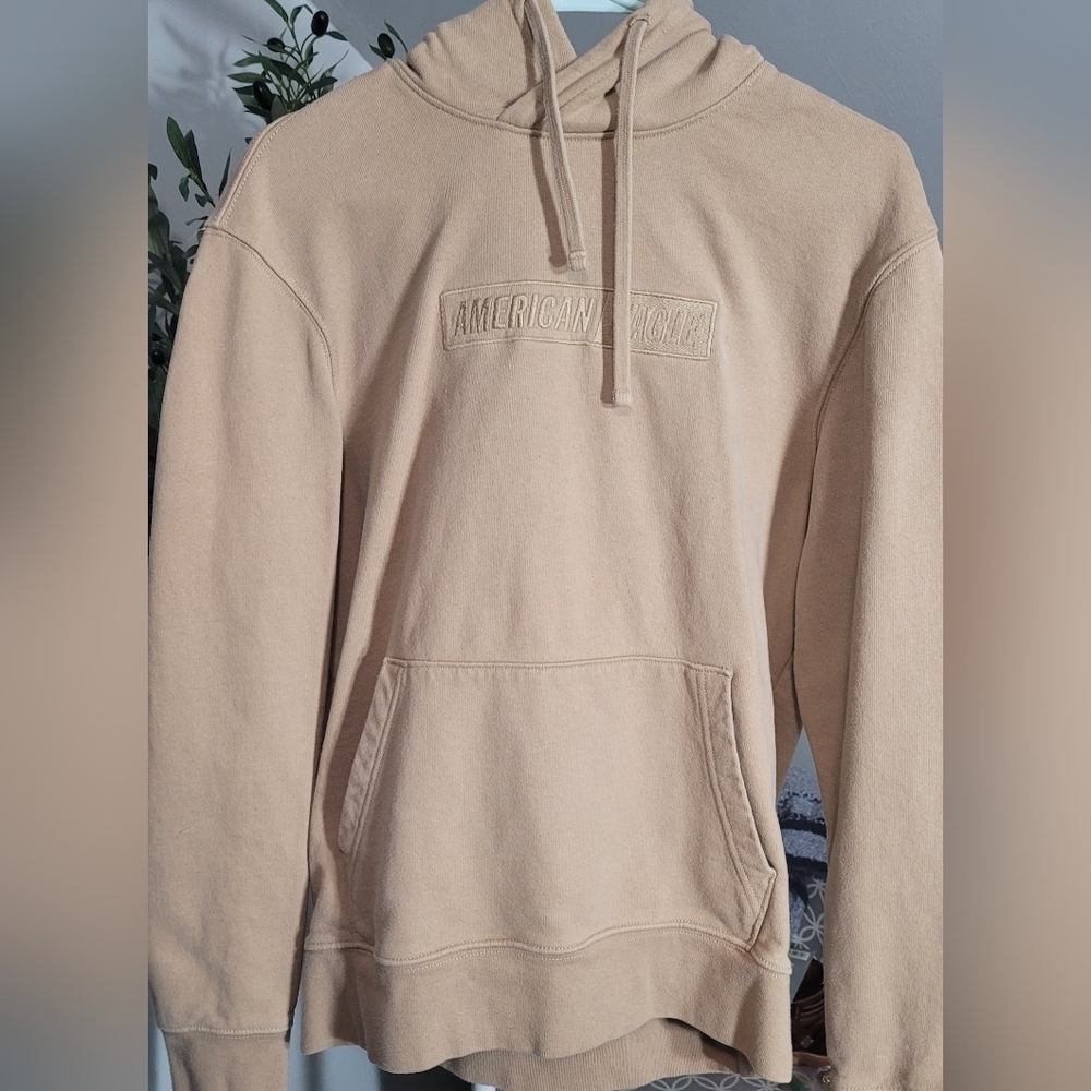 American Eagle Mens Box Logo Hoodie Sweatshirt Spell Out Tan Khaki Pullover S